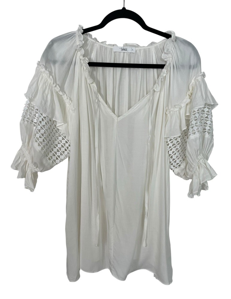 Talulah White Tie Neck Blouse with Ruffled Collar and Puff Sleeves in Size Large