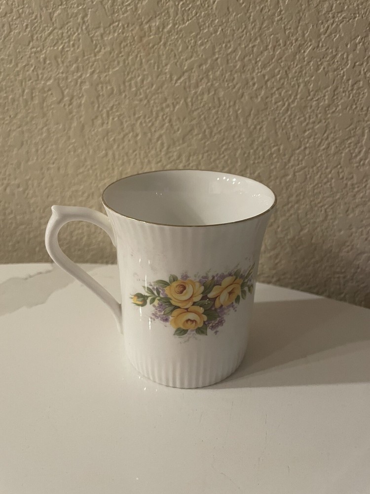 Vintage Yellow Floral Queens Fine Bone China Made In England Mug Coffee Tea Cup