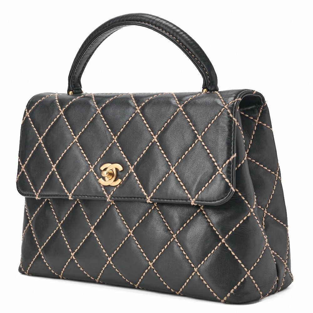 CHANEL Coco Mark Wild Stitch Turn Lock Black Calfskin Tote Bag 465144