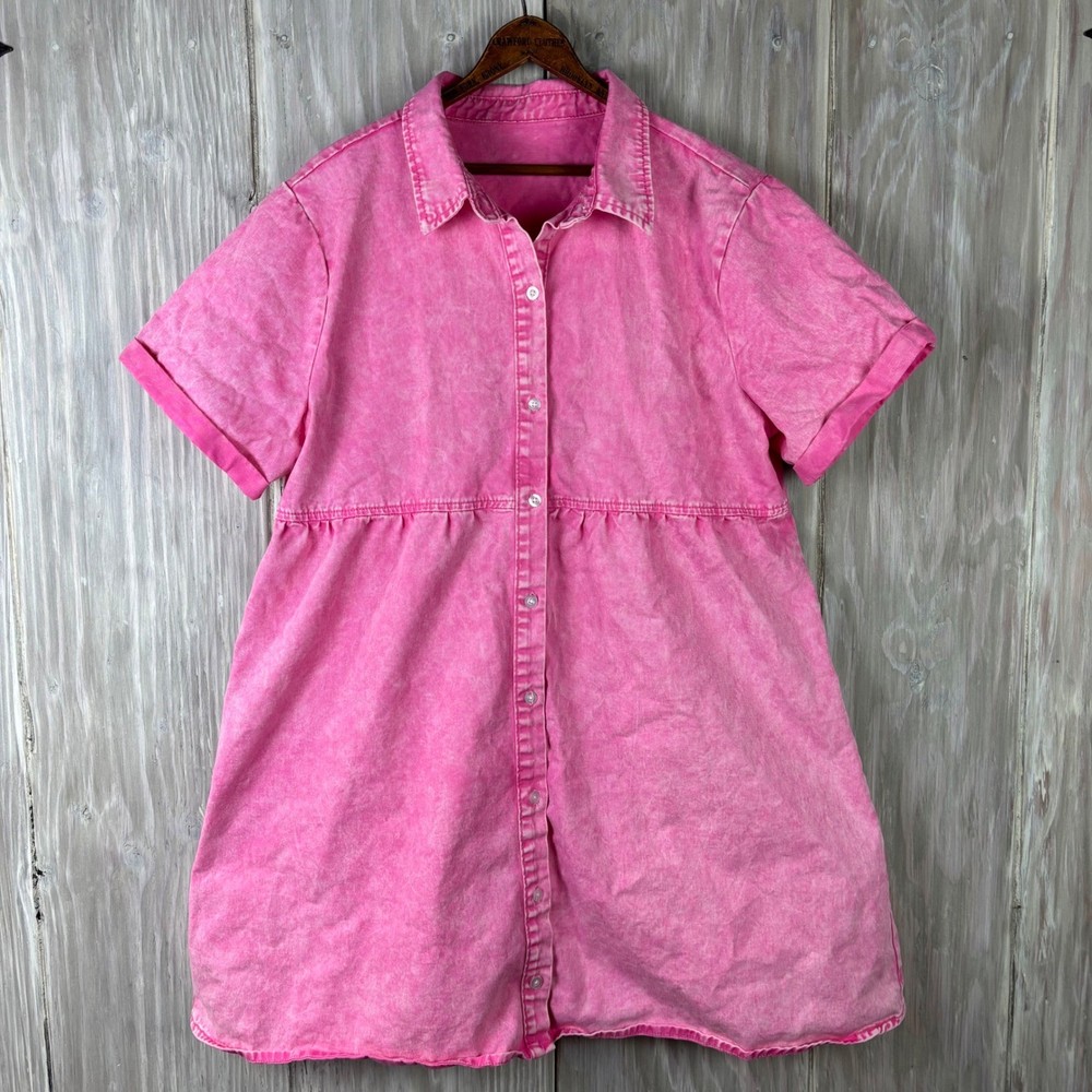 Acid Wash Button Down Dress Womens XL Pink Babydoll Tiered Denim-image