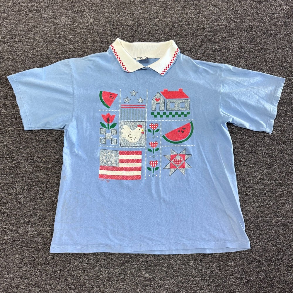 Vintage 90s Gopher Sport Farmer Cottage Polo T Shirt Puff Print Womens Sz L Blue