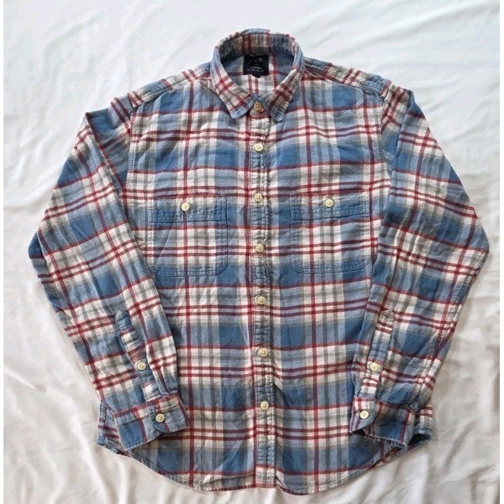 J. Crew Flannel Shirt Button Down Blue Plaid Long Sleeve Collared Mens Medium