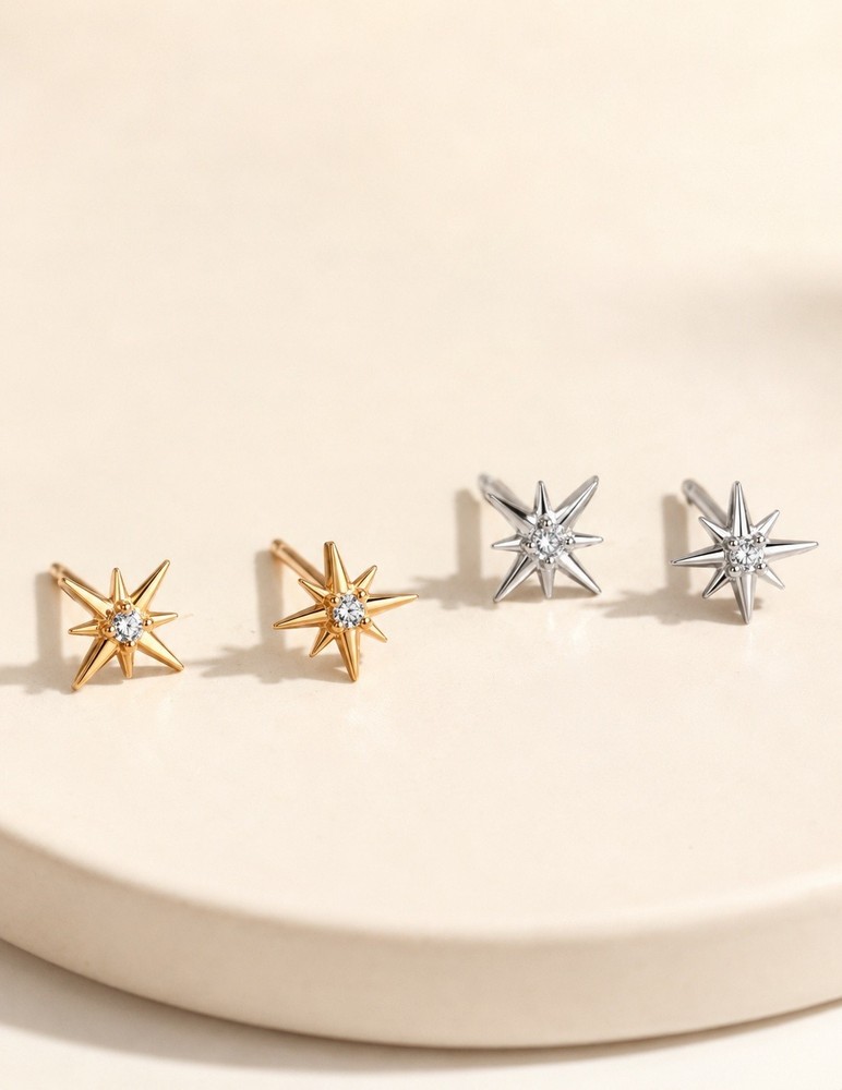 North Star Stud Earrings CZ Starburst Earrings 18K Gold Silver Tiny Studs