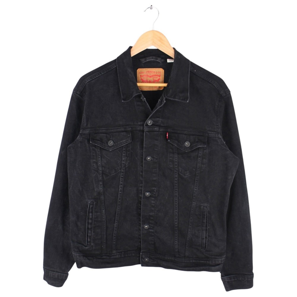 Levi’s Black Denim Trucker Jacket Button Front Classic Logo Size Medium