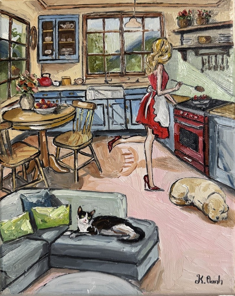 ORIGINAL OIL PAINTING A WOMAN COOKING IN KITCHEN & PETS INDOOR SCENE SIGNED 8x10