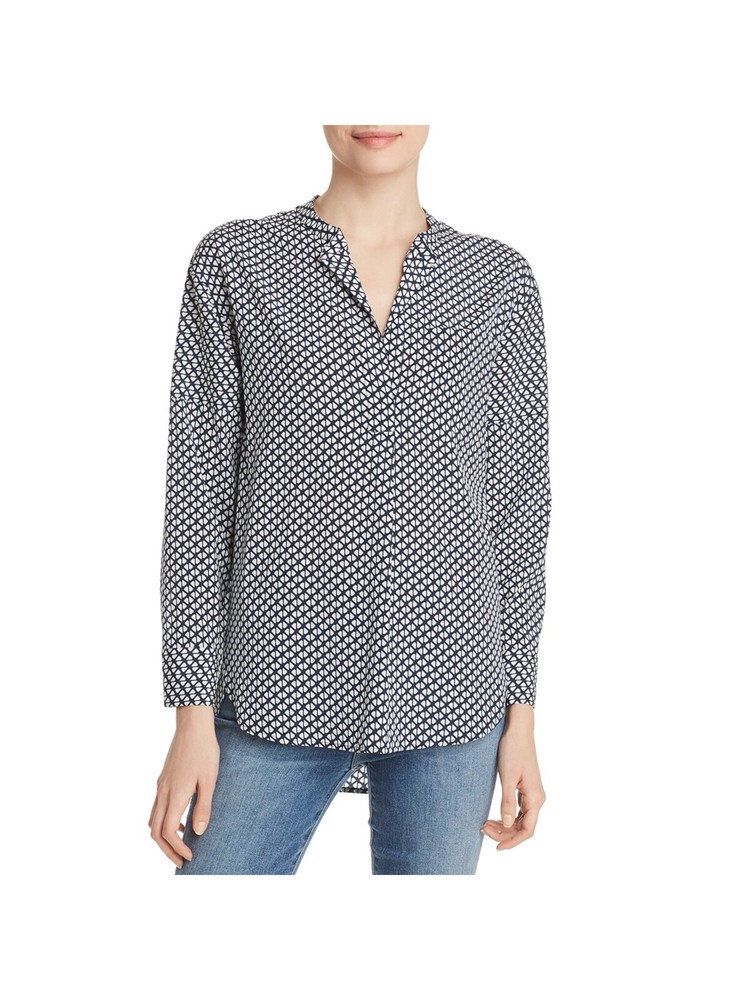 Navy Silk Womens Lightweight Button Up Top with Curved Hem Split