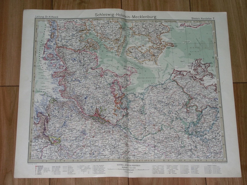 1927 Map Of Schleswig-Holstein Hamburg Mecklenburg Lower Saxony Denmark Germany