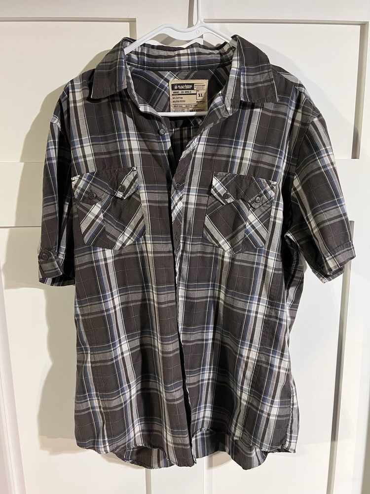 Machine Plaid Button Up Shirt Mens XL Gray Blue Short Sleeve Casual Western