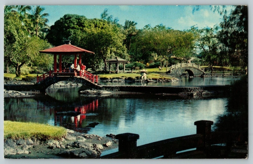 Postcard Liliuokalani Park Pavilion Bridge and Half Moon Bridge Hilo Hawaii