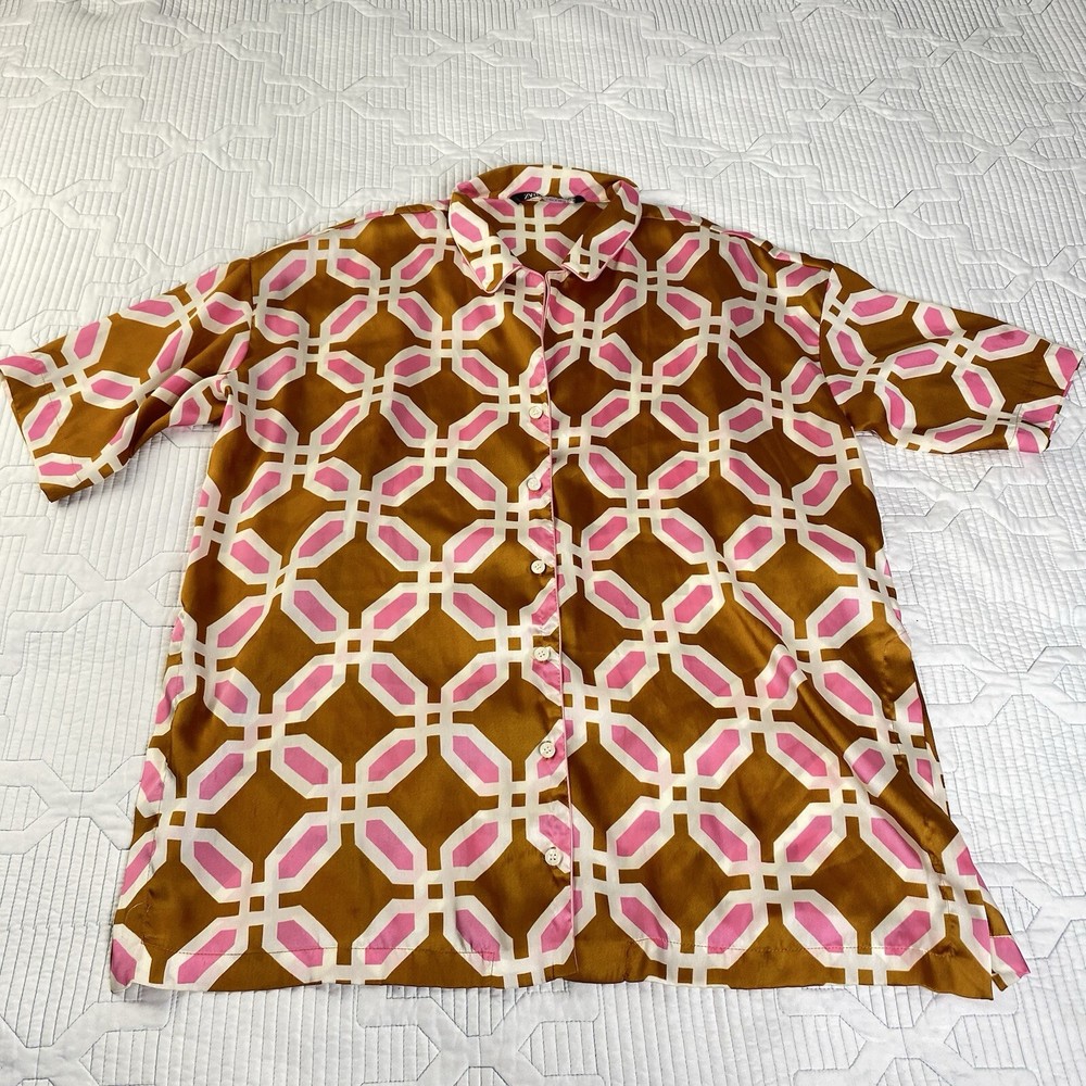 Zara Sz XS Pink Brown Geometric Print Lounge Pajama Style Top Blouse Buttondown
