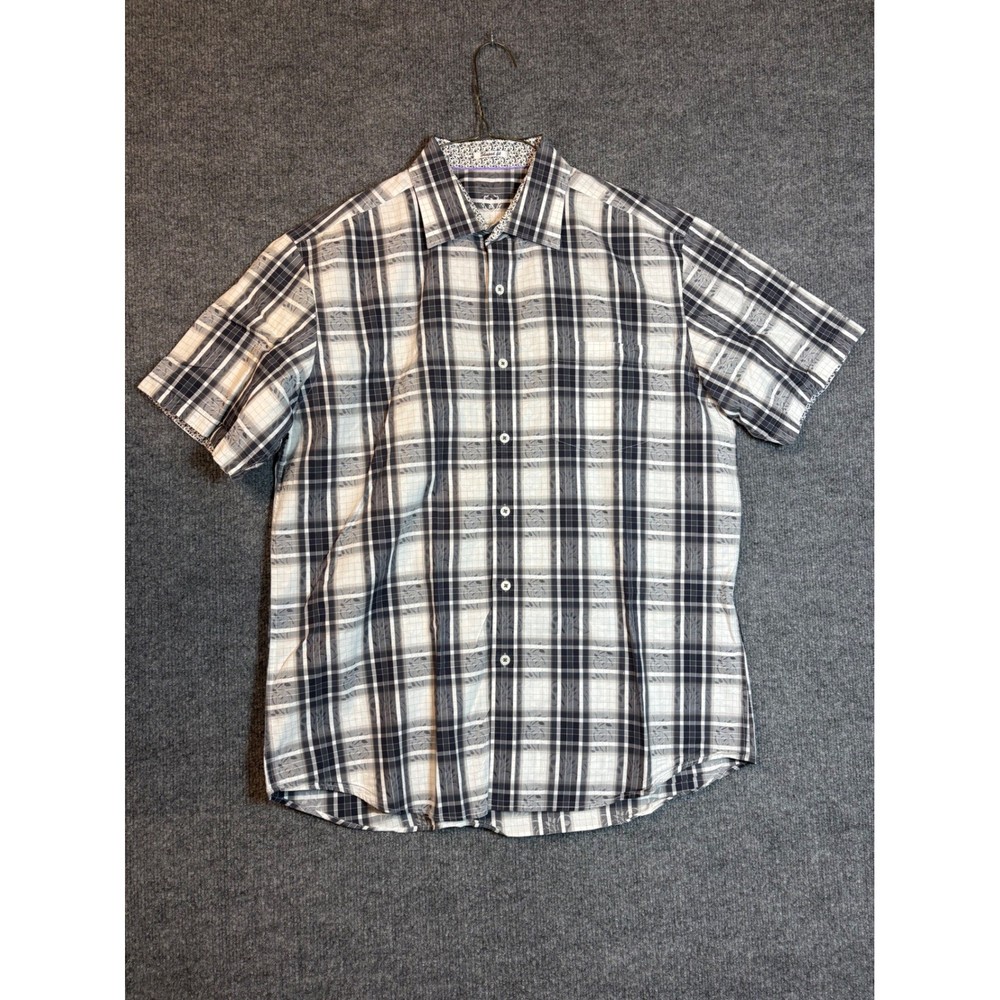 Bugatchi Uomo Mens Shaped Fit Short Sleeve Button Down Plaid Floral Shirt Grey L