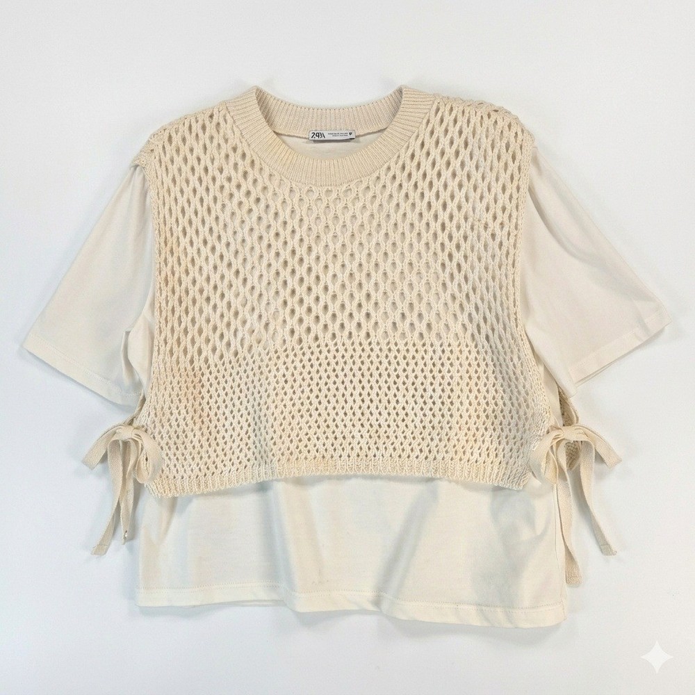 Zara Layered Crochet Vest T-Shirt Womens Medium Cream White Side Tie Knit Top