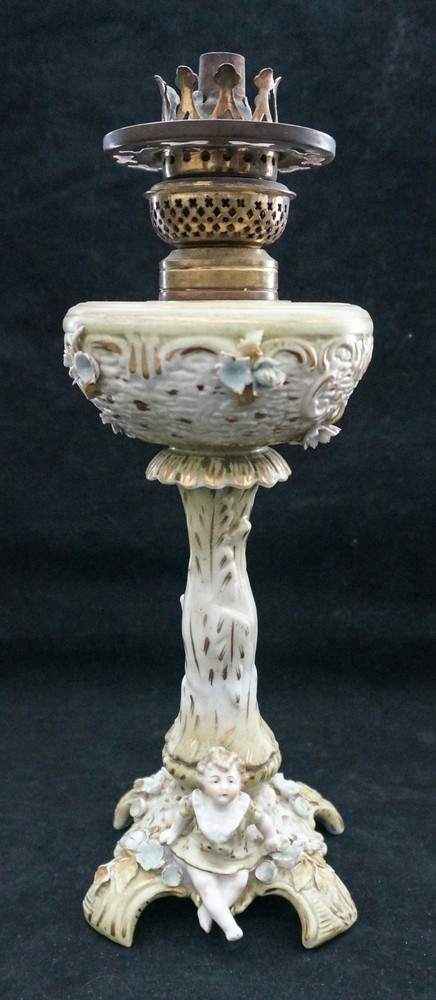 Lovely Antique Dresden Figural Girl Oil Lamp Applied Flowers 12