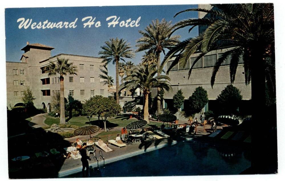 Phoenix Arizona Westward Ho Hotel swimming pool patio scenic vintage postcard