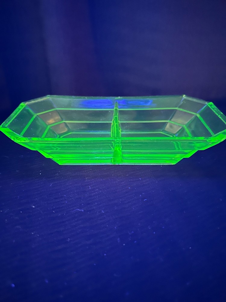 Indiana Glass Divided Relish Uranium Green Vaseline Dish Depression
