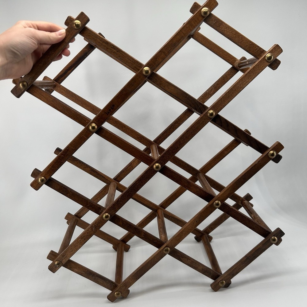 Vintage Solid Oak Wood 10 Bottle Accordion Wine Rack Holder Folding