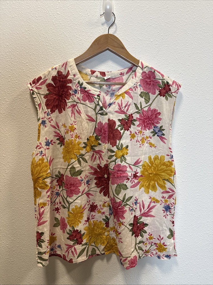Old Navy Ivory Dahlia Floral Button-Front Sleeveless Cotton Blend Shirt XL