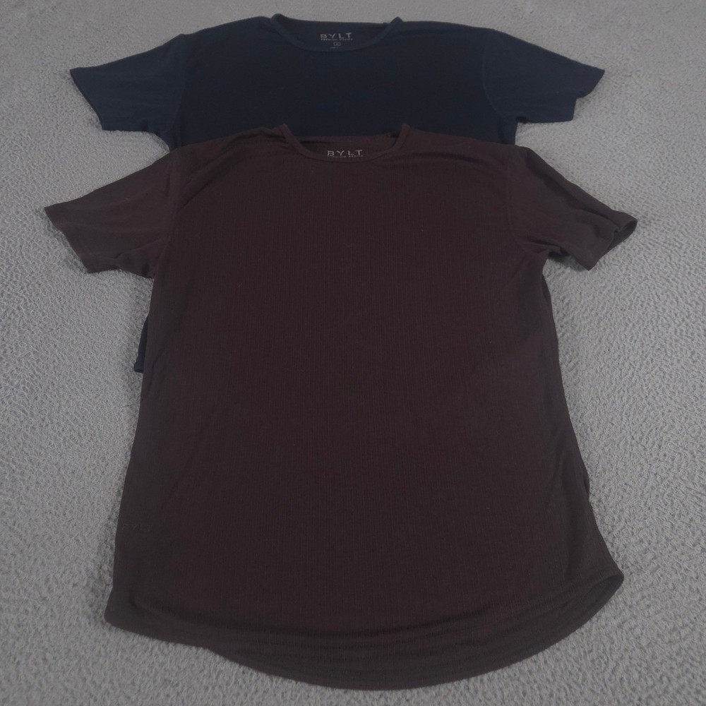 LOT OF 2 BYLT Shirt Mens M Multi Drop Cut Ribbed Knit Curved Hem Performance Tee