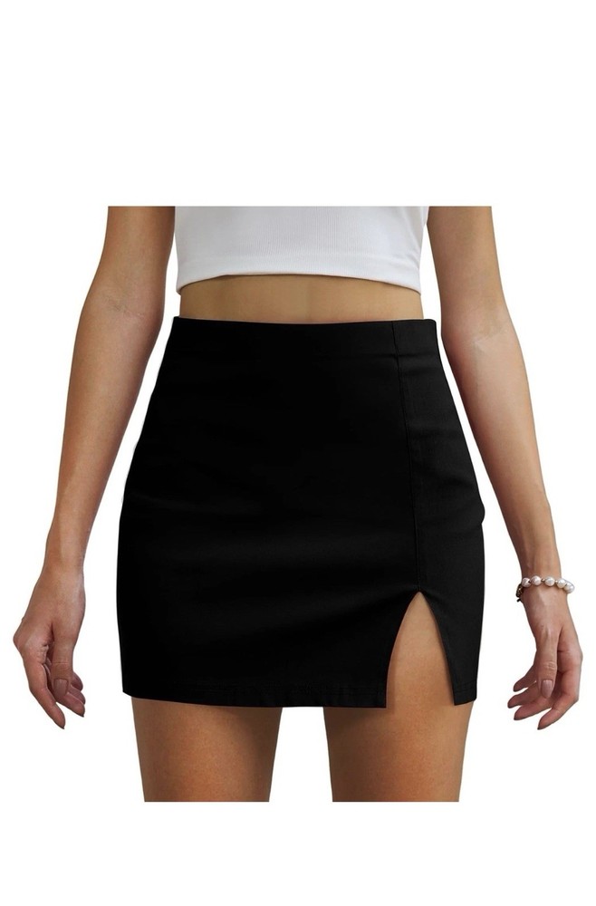 Rivome Black Mini  High Waisted  Bodycon Slit Stretchy Short Sexy Skirt- Large
