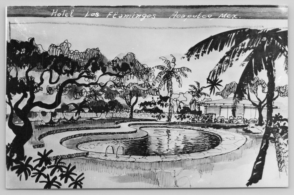 Vintage Hotel Los Flamingos Acapulco Mexico Sketch RPPC Postcard