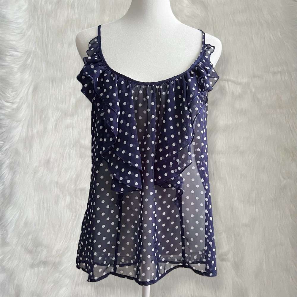 Lily White Navy Blue & White Polka Dot Racerback Tank Top with Ruffle Details