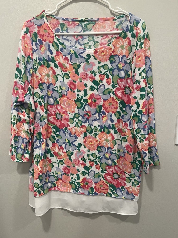 Talbots Womens Floral Print 3/4 Sleeve Scoop Neck Top White Pink Blue Size 1X