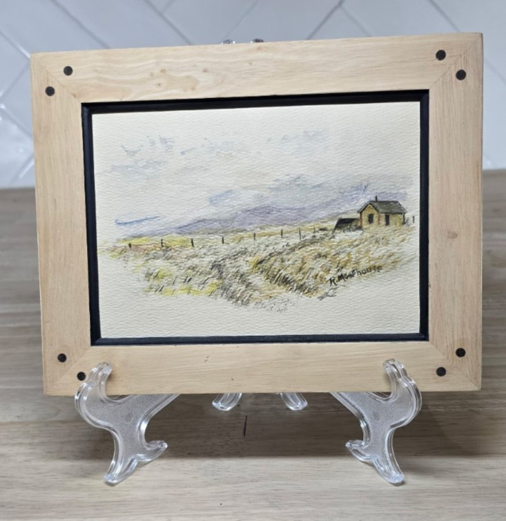 Original Signed Watercolor Painting Prairie Farmhouse Landscape Wood Frame 9x7