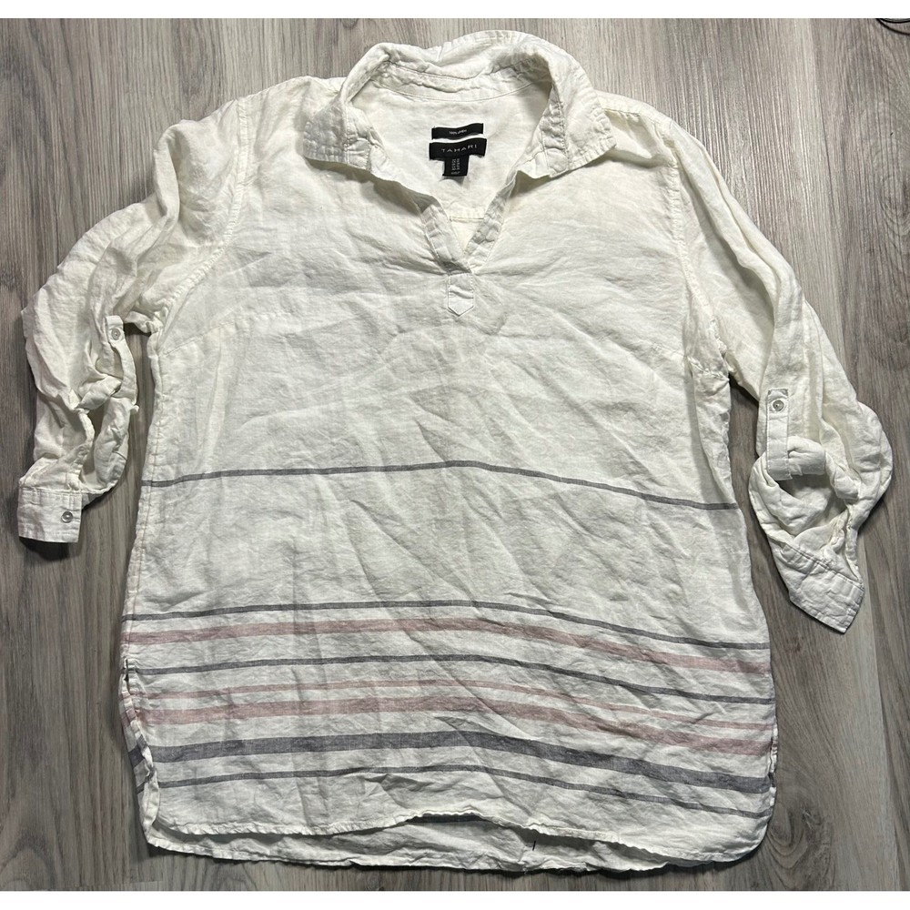 Tahari 1X Linen Stripe Collared V-Neck Roll-Tab Sleeve Shirt Top Womens tunic