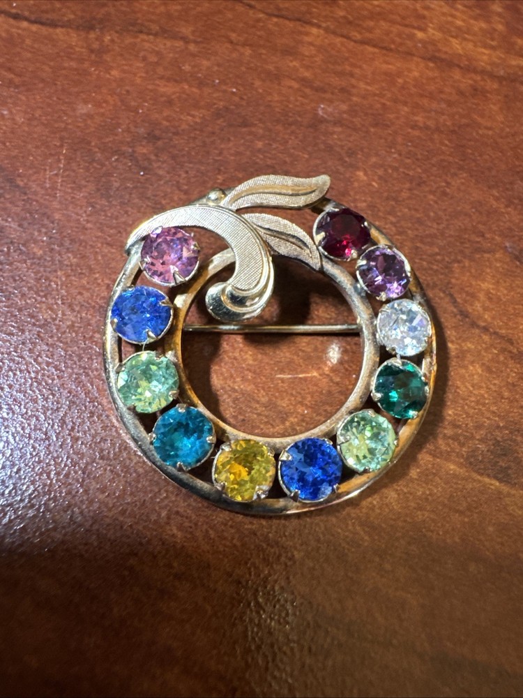 Vintage 1/20 12KT GF Wreath Brooch Van Dell & C.R. Co Rhinestone Circle Pin