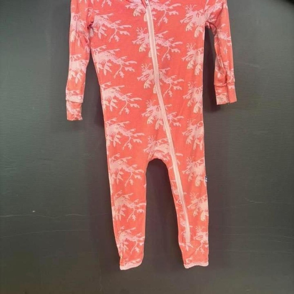 12-18m kickee pants romper. Coral leafy dragon print