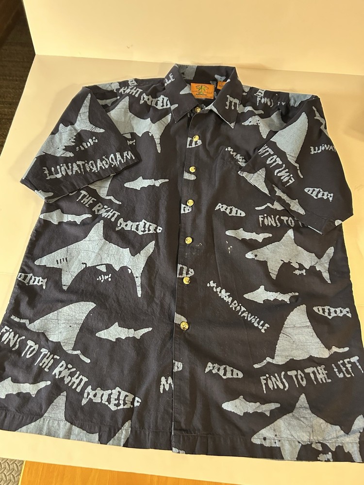Jimmy Buffett Margaritaville “Fins” Shark Print Shirt-L SEE DESCRIPTION