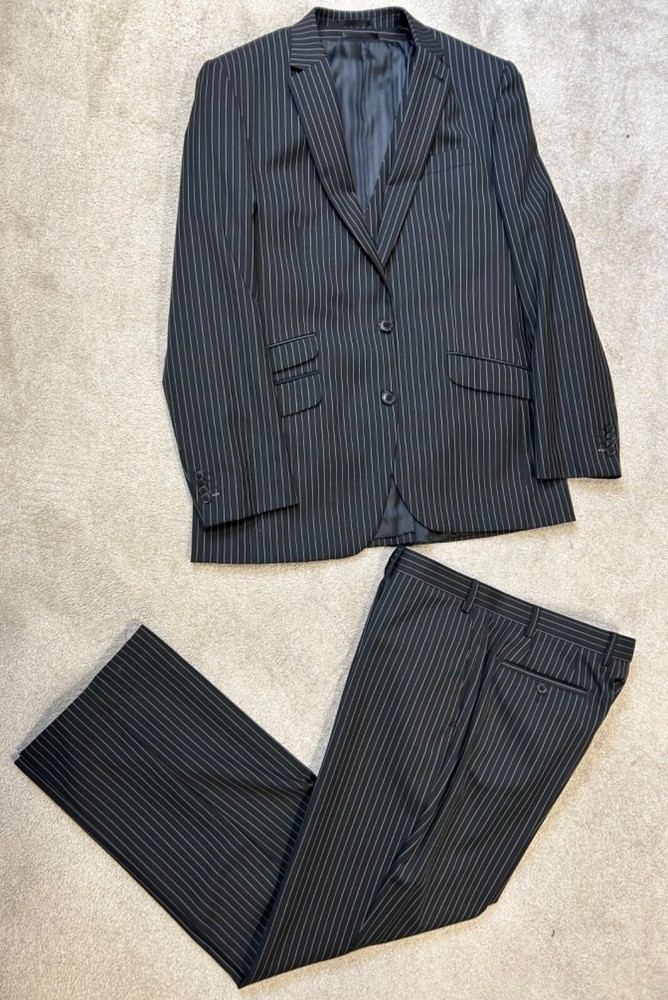 NEXT Mens Suit Black Stripe Wool Blend 3 Piece Suit  UK Chest 42 Waist 38