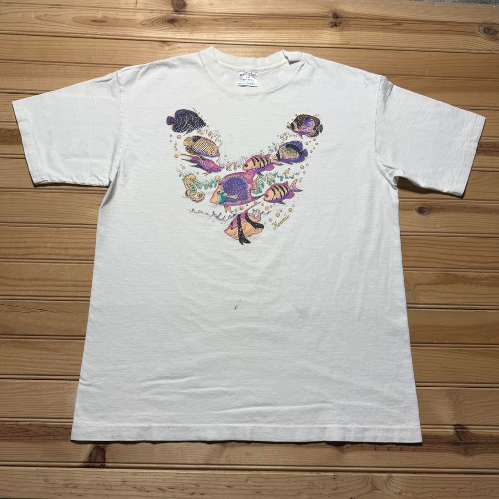 Vintage 90s Hawaii Tropical Fish Ocean Life Nature Graphic T-Shirt USA - Large