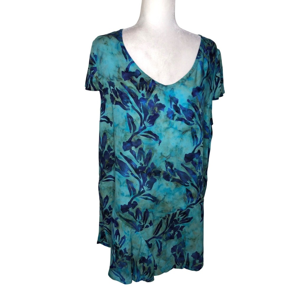 Soft Surroundings Turquoise Floral Tunic Top XL V Neck Short Sleeve Batik Print