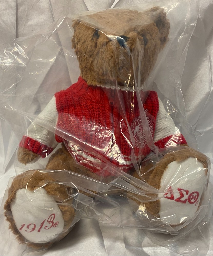 Delta Sigma Theta Plush Teddy Bear W Red Knit Sweater & Pearl Necklace, 14