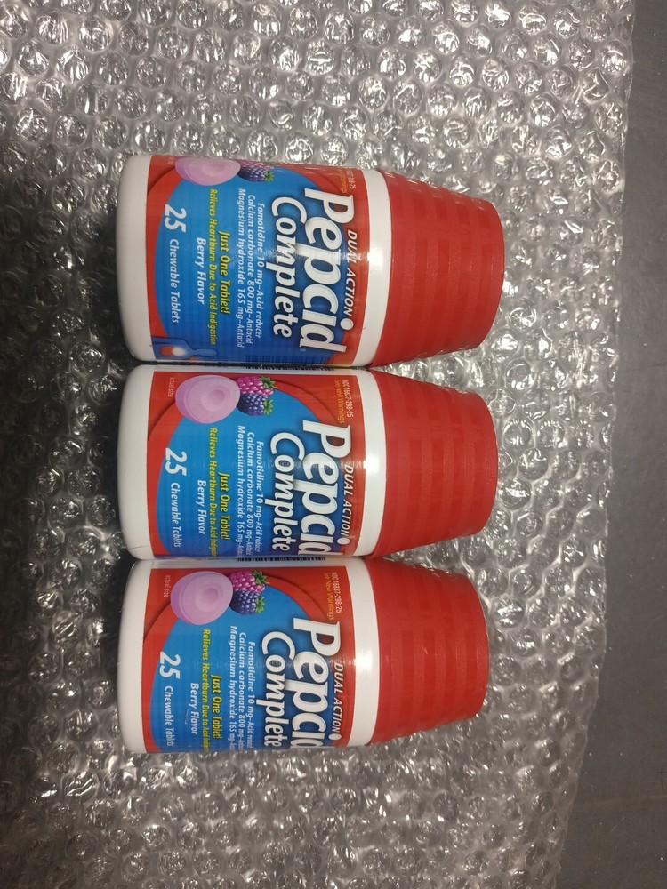 Pepcid Complete Acid Reducer + Antacid Chewable Berry Tablets 25ct Lot of 3-image