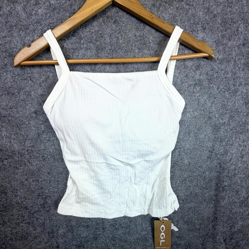 OGL Move Brami Tank Top Women XS White Stretch Pointelle Built In Bra Wide Strap