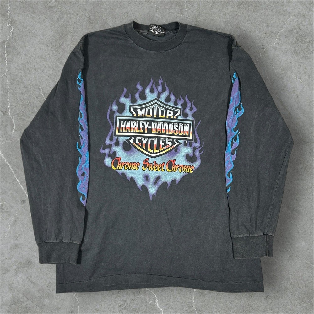 VTG Harley Davidson Chrome Flames Large Single Stitch Reprint Long Sleeve Shirt