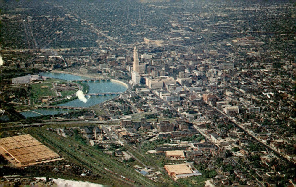 1965 Columbus Ohio Civic Center Scioto River Skyline Mid Century Postcard