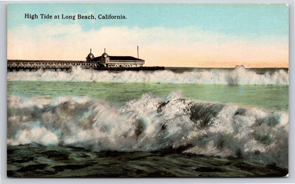 Long Beach California~Pier From High Tide Ocean~Vintage Postcard