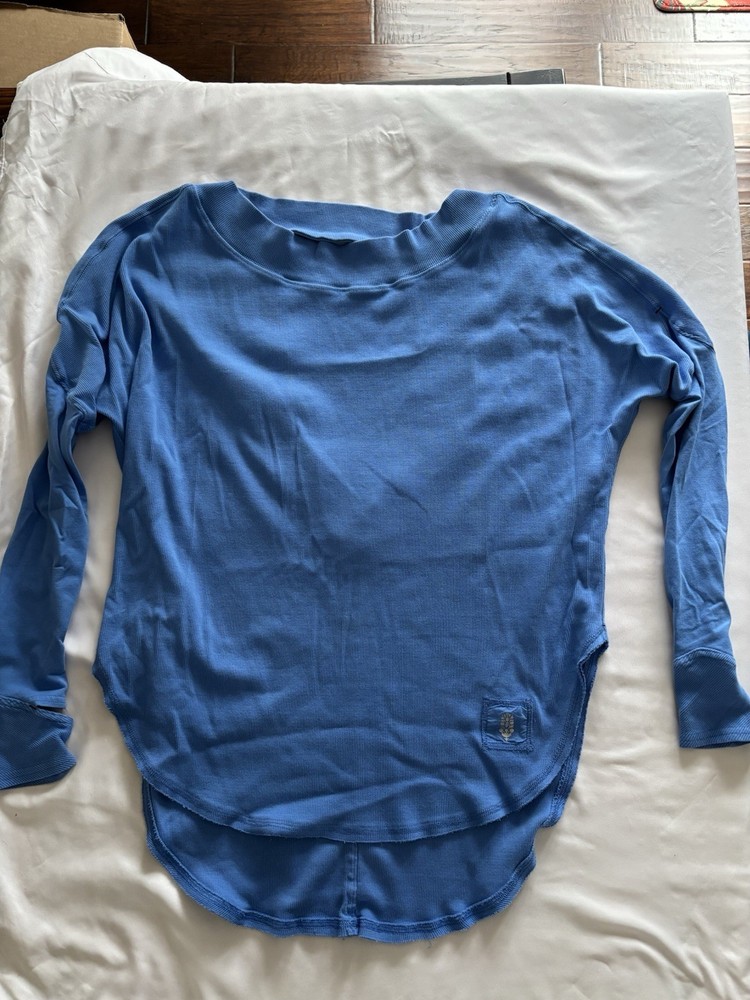 Free People Blue Cotton Knit Boat Neck Long Sleeve Tunic Top Patch Pullover XS