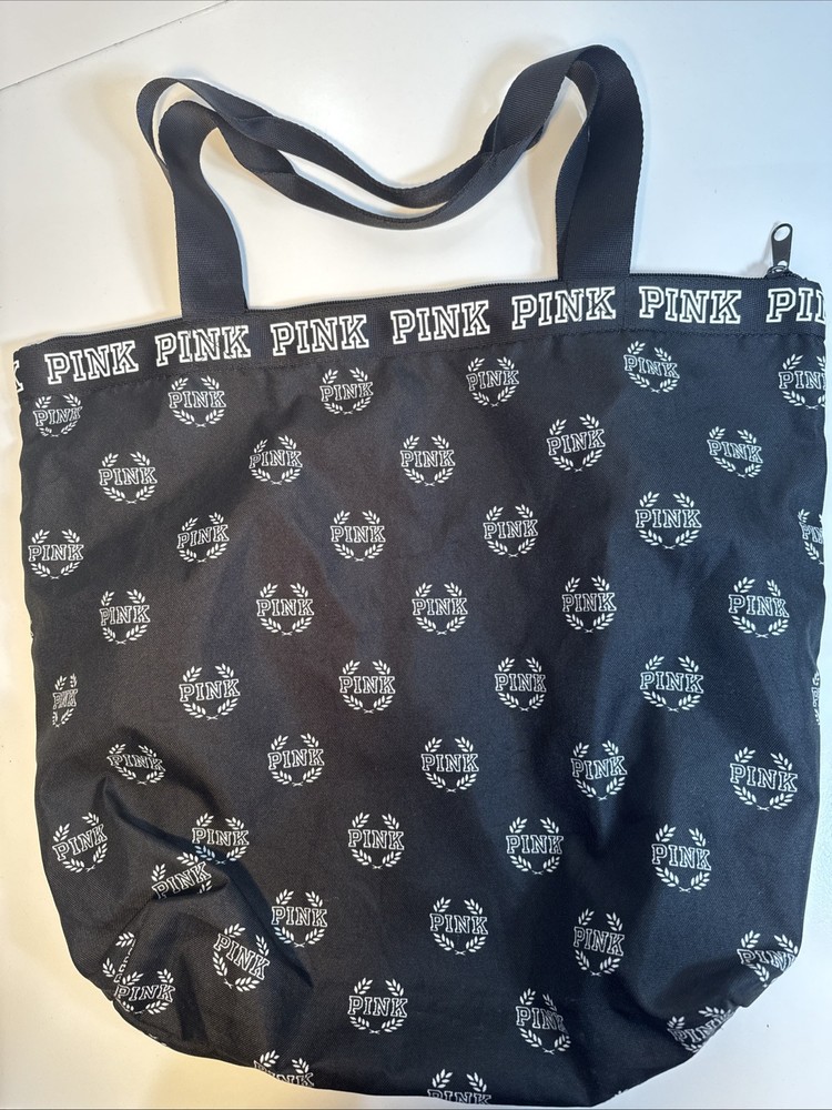 Victoria’s Secret Large Tote Bag Black White Logo Pink Zipper Top Gym Laundry