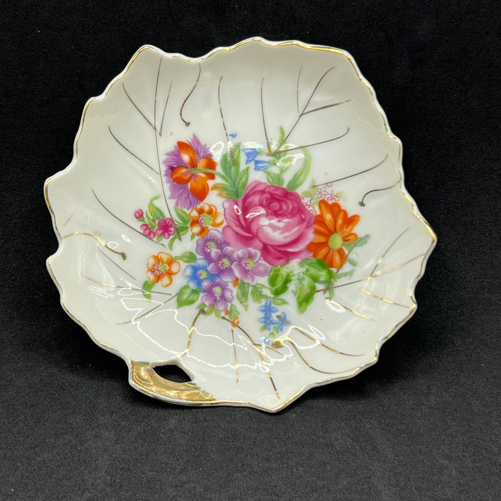 Vintage Viceroy China Leaf Trinket Dish Made In Japan Hand Painted Floral Gold