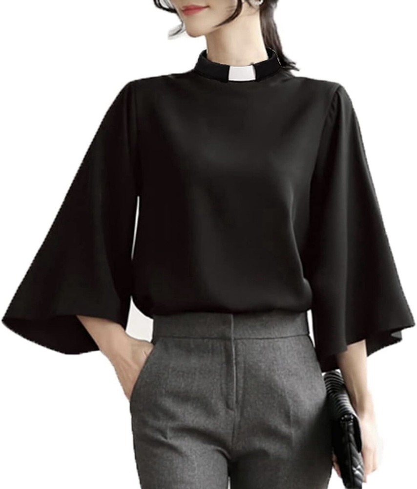 Women's Black Clergy Shirt with Tab Collar for Pastors and Priests