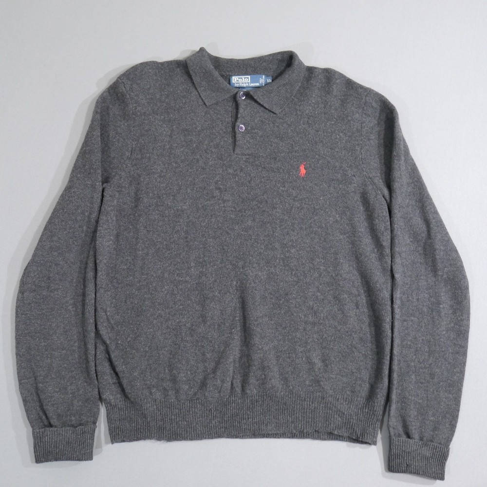 Vintage Polo Ralph Lauren Sweater Mens XL Gray Lambs Wool Collared Italian Yarn