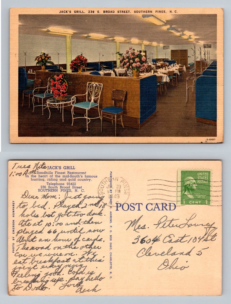 Southern Pines, NC-North Carolina, Jack's Grill & Dining Vintage c1949 Postcard