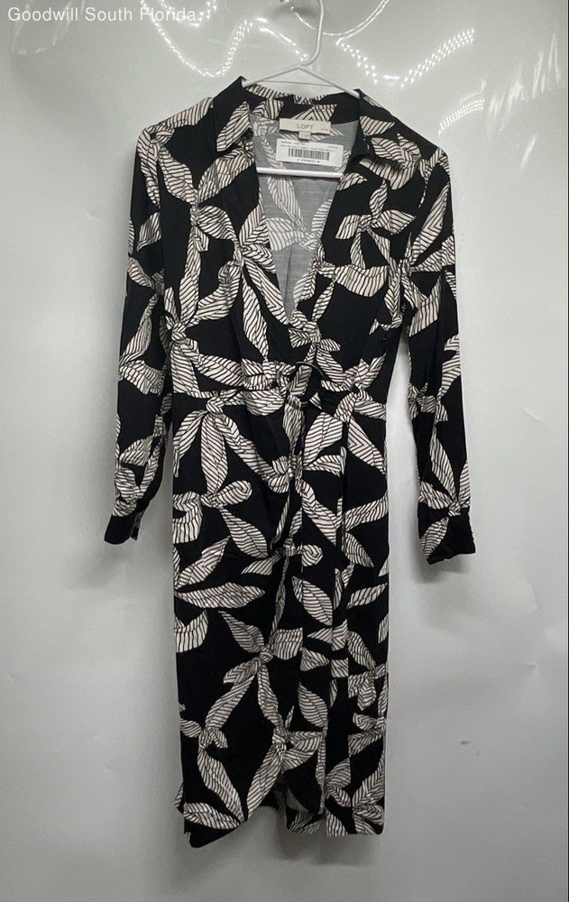 Loft Ann Taylor Womens Black White Floral Long Sleeve Collared Wrap Dress Sz 0P