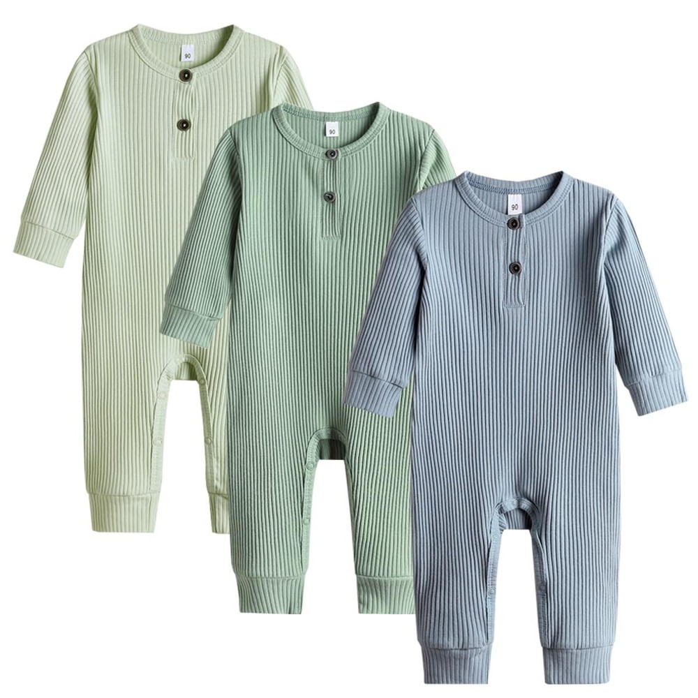 Baby Boy Girl 3 Pack Solid Romper Ribbed Long Sleeve Bodysuit Jumpsuit Infant...