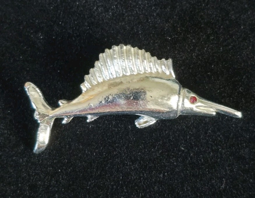 Vintage Sword Fish Scatter Pin Brooch Silver Tone Red Eye 1.5