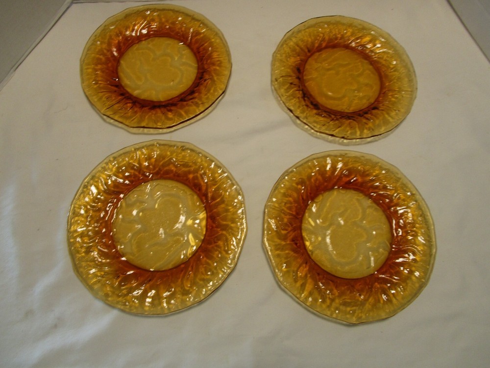 MCM Glass Morgantown Driftwood Crinkle Amber Salad set 4-Plates 8.50”W  1960’s